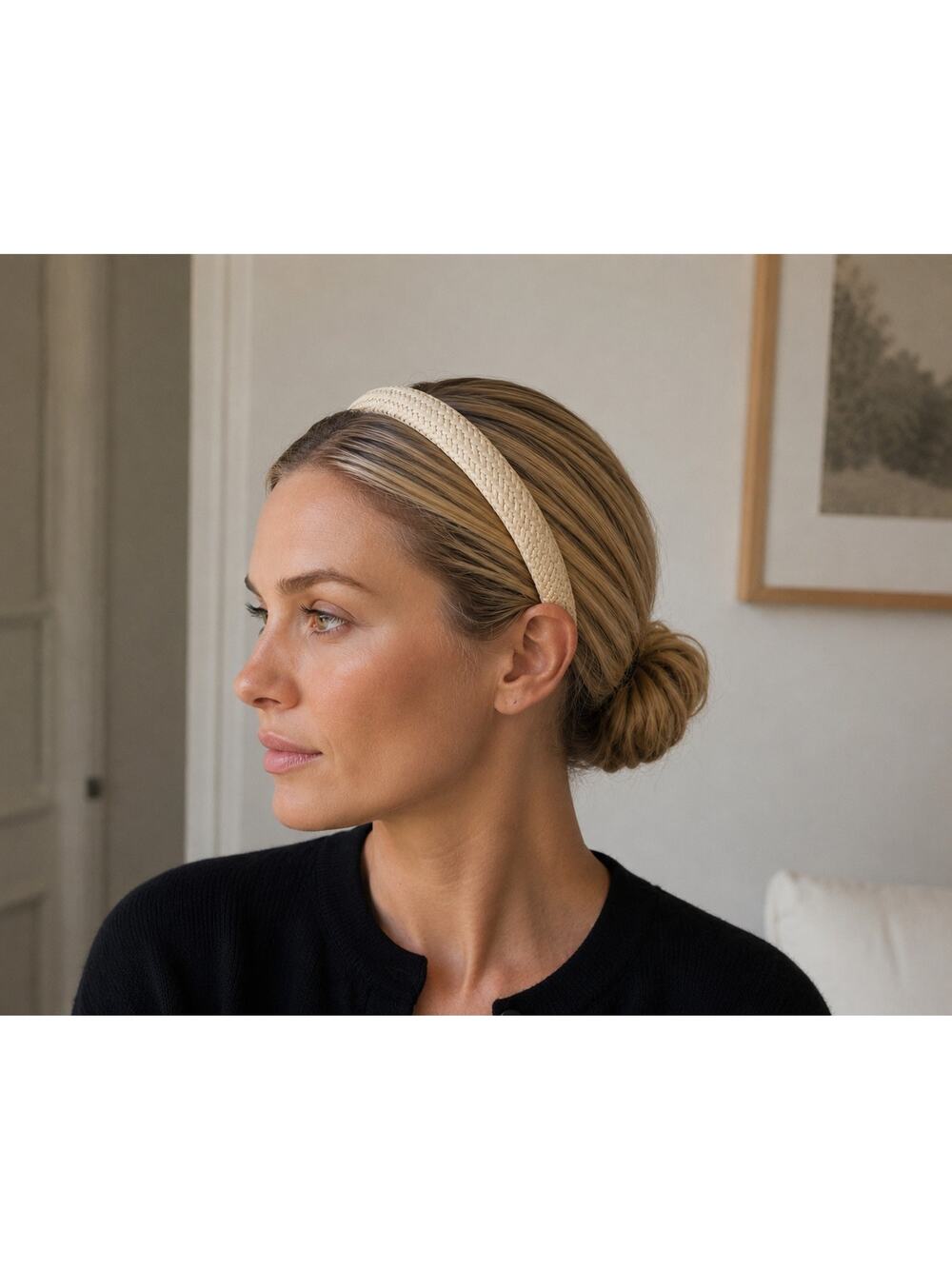 Women's Wide Woven Straw Look Headband Set Neutral Colors Black and Cream